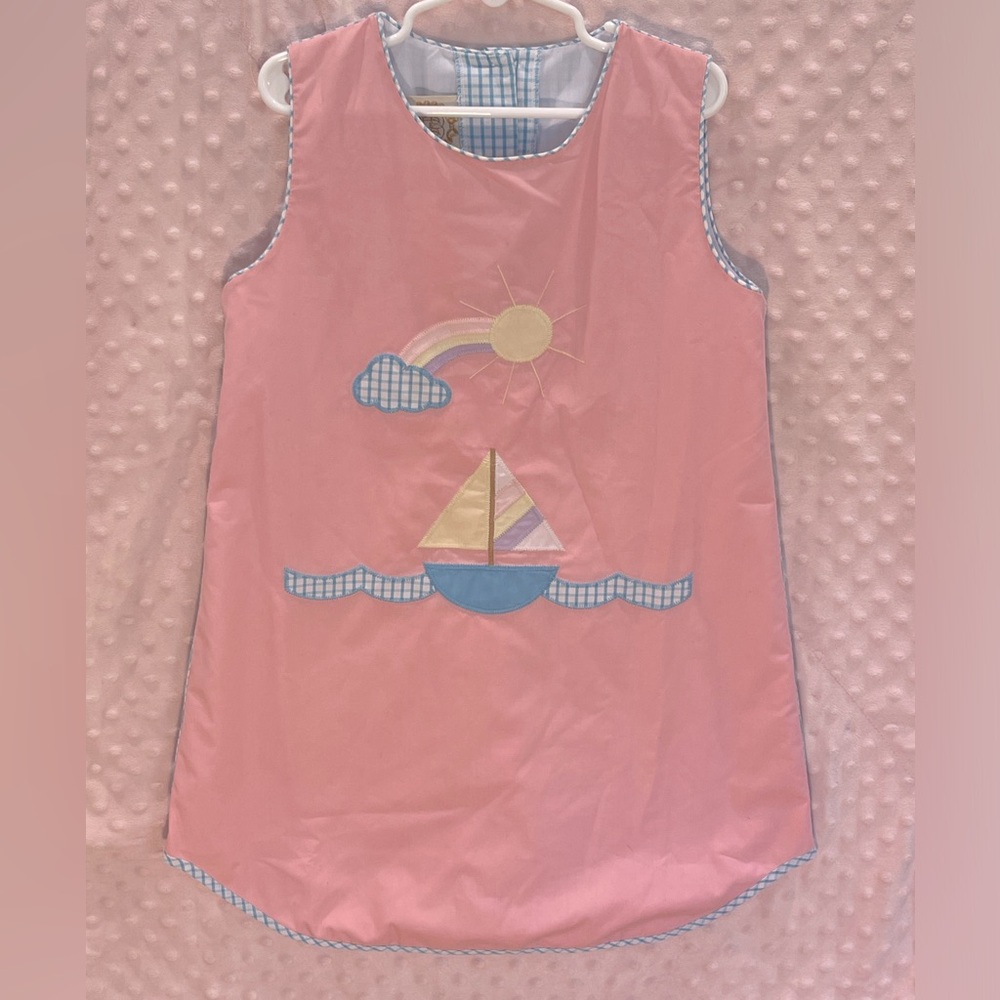 TBBC Annie Apron Dress - Sandpearl Pink - Brookline Blue with Appliques Size 8